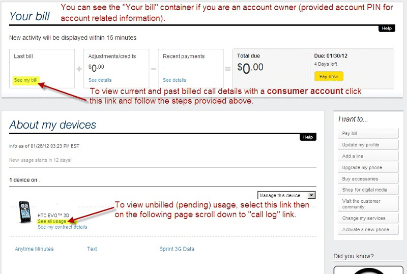 view your Sprint current call log