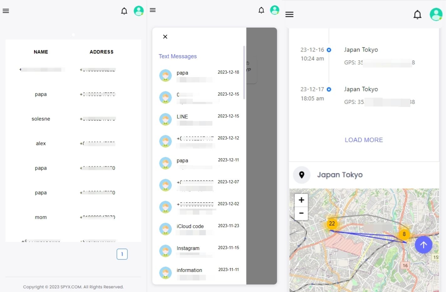 Screenshots der tatsächlichen Erfahrung mit der Überwachung von Kontakten, SMS und GPS.