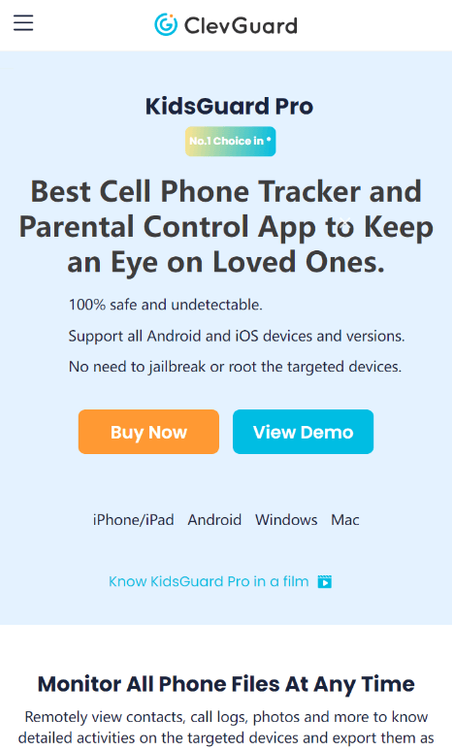 Captura de pantalla de la página de inicio de Kidsguard Pro