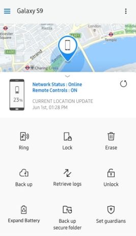 Real screenshot of Galaxy S9 Find My Mobile user interface
