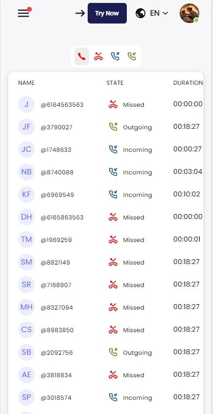 Capturas de pantalla de registros de llamadas del panel de SpyX.