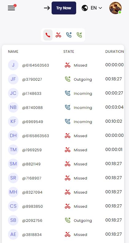 Screenshot of call logs from a real SpyX user.