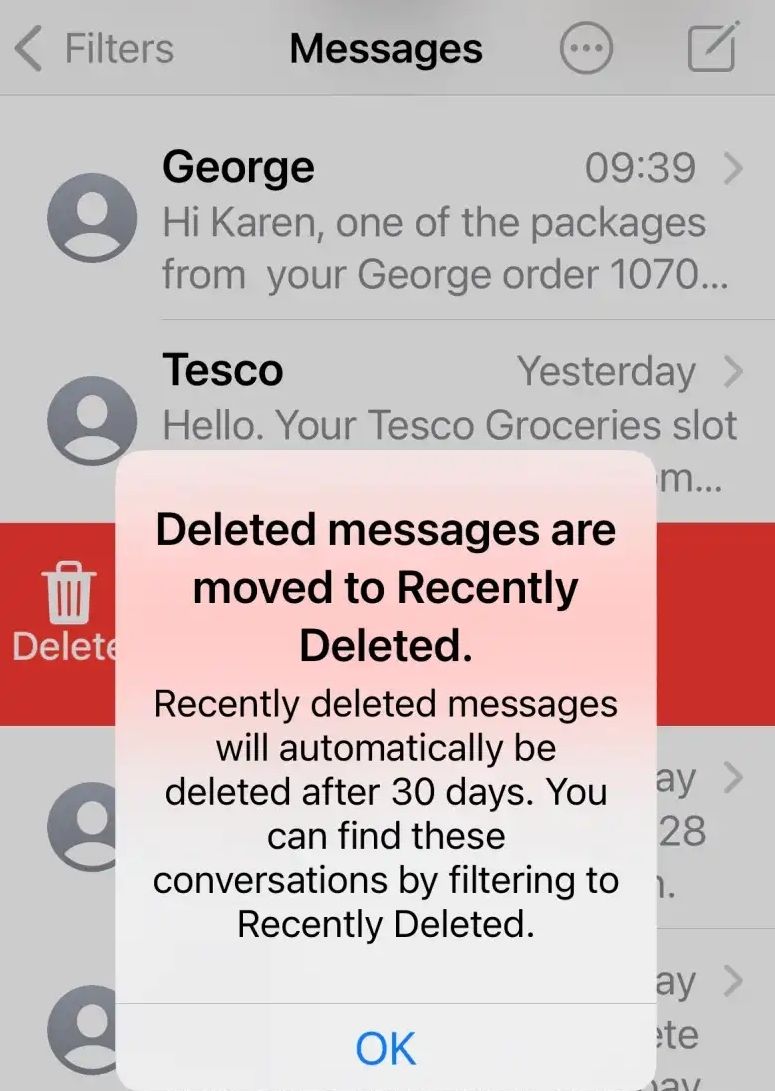 Deleted text messages are moved to Recently Deleted