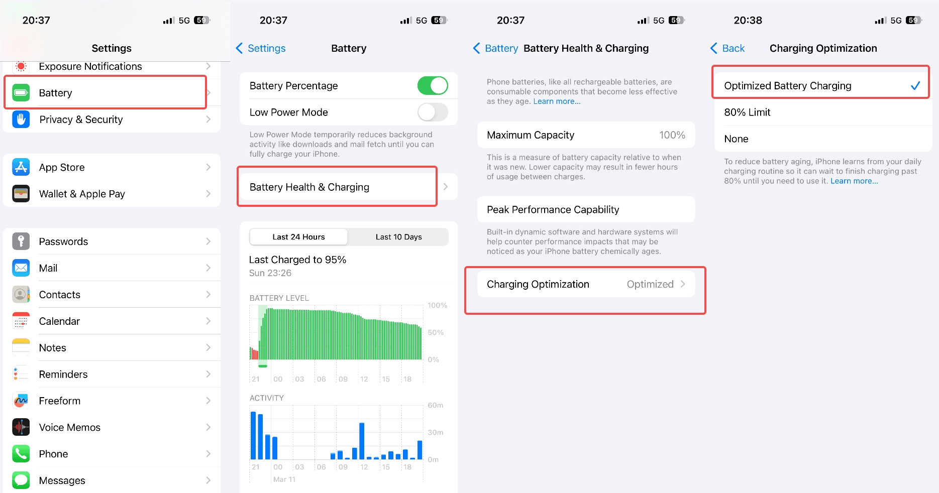 Steps of how to how to activate Optimized Battery Charging.
