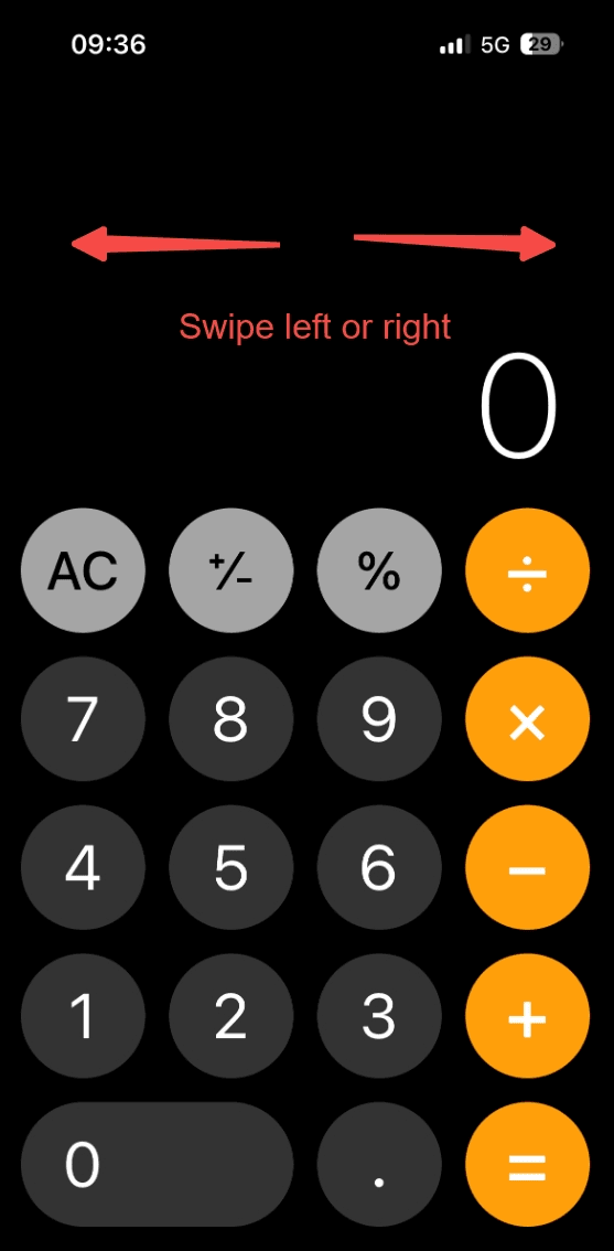 Captura de pantalla de la función de eliminación mediante deslizamiento de izquierda a derecha de la calculadora.