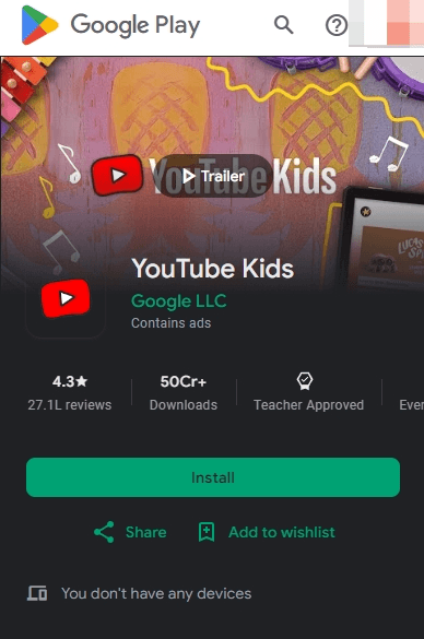 Captura de pantalla de la aplicación YouTube Kids.