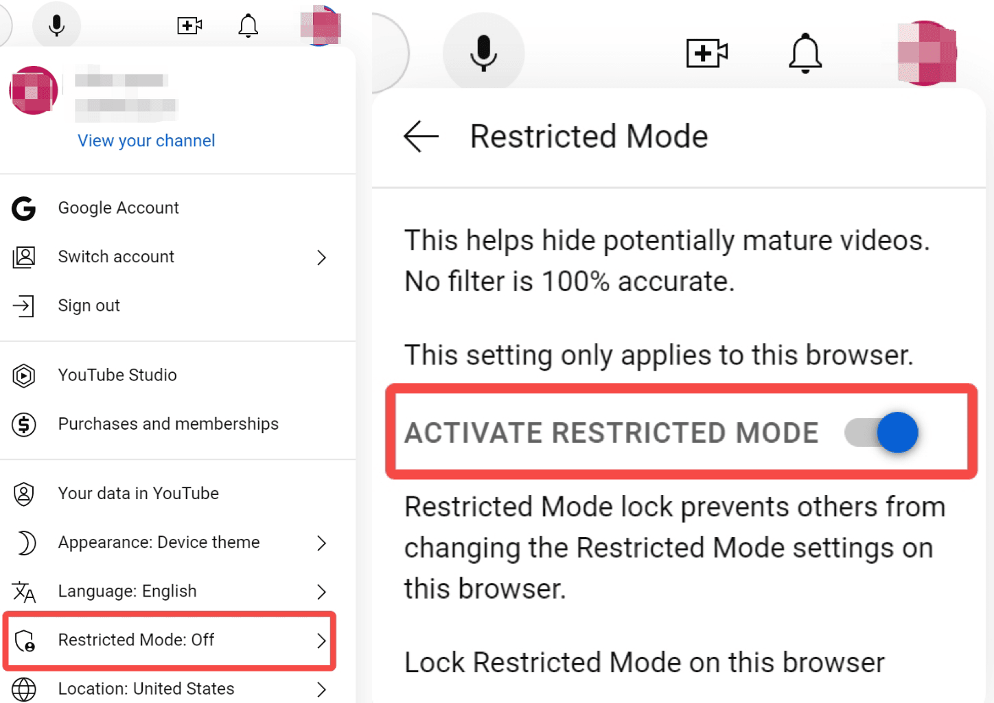 Steps of how to turn on Restricted Mode in a web browser.