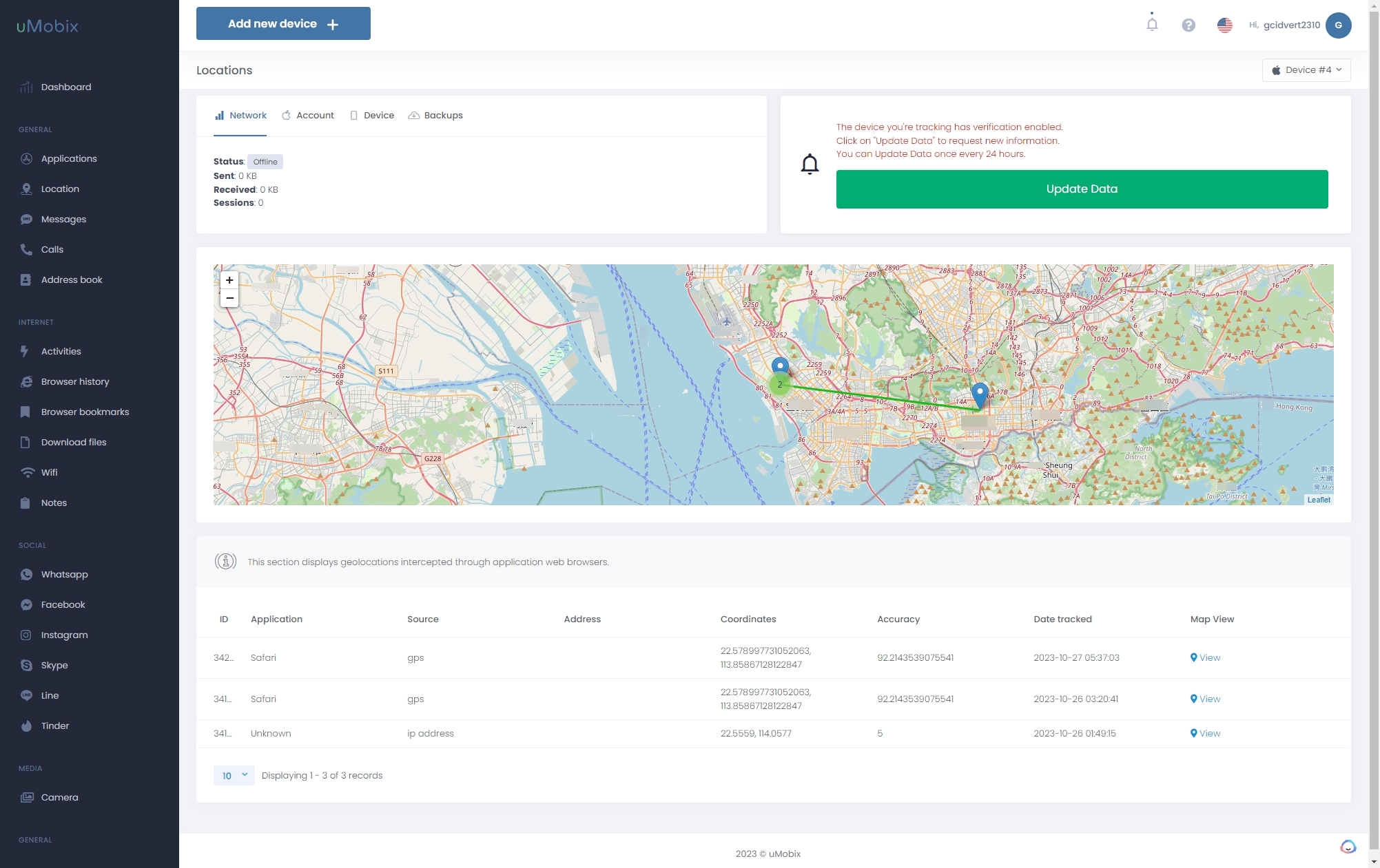 Screenshot echter Daten von Standorten