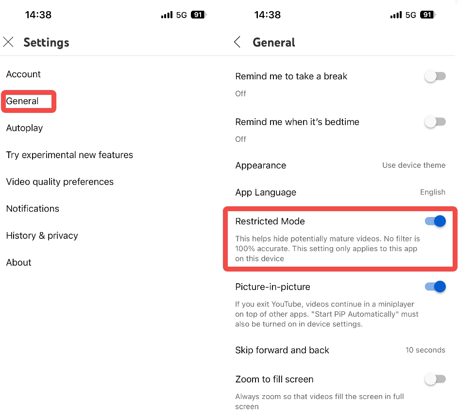 Steps of how to turn on Restricted Mode in a YouTube app.