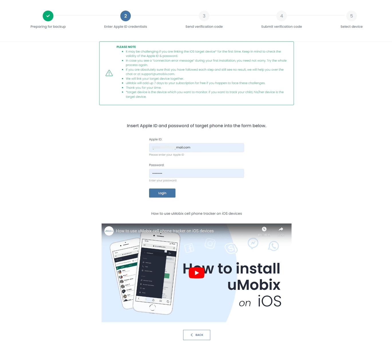 Captura de pantalla real de los pasos de vinculación de iCloud de uMobix