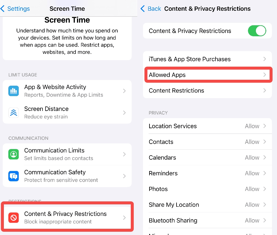 Steps of how to block specific apps on an iPhone.