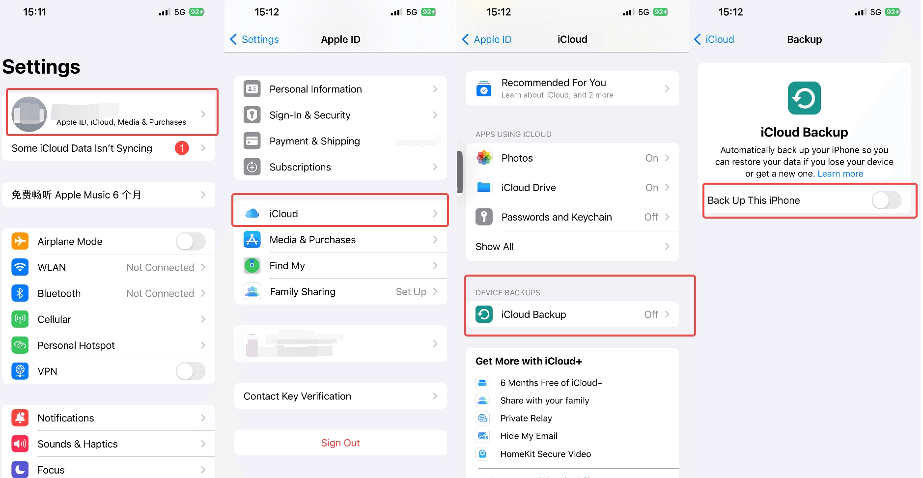 Steps of how to turn on iCloud backup.