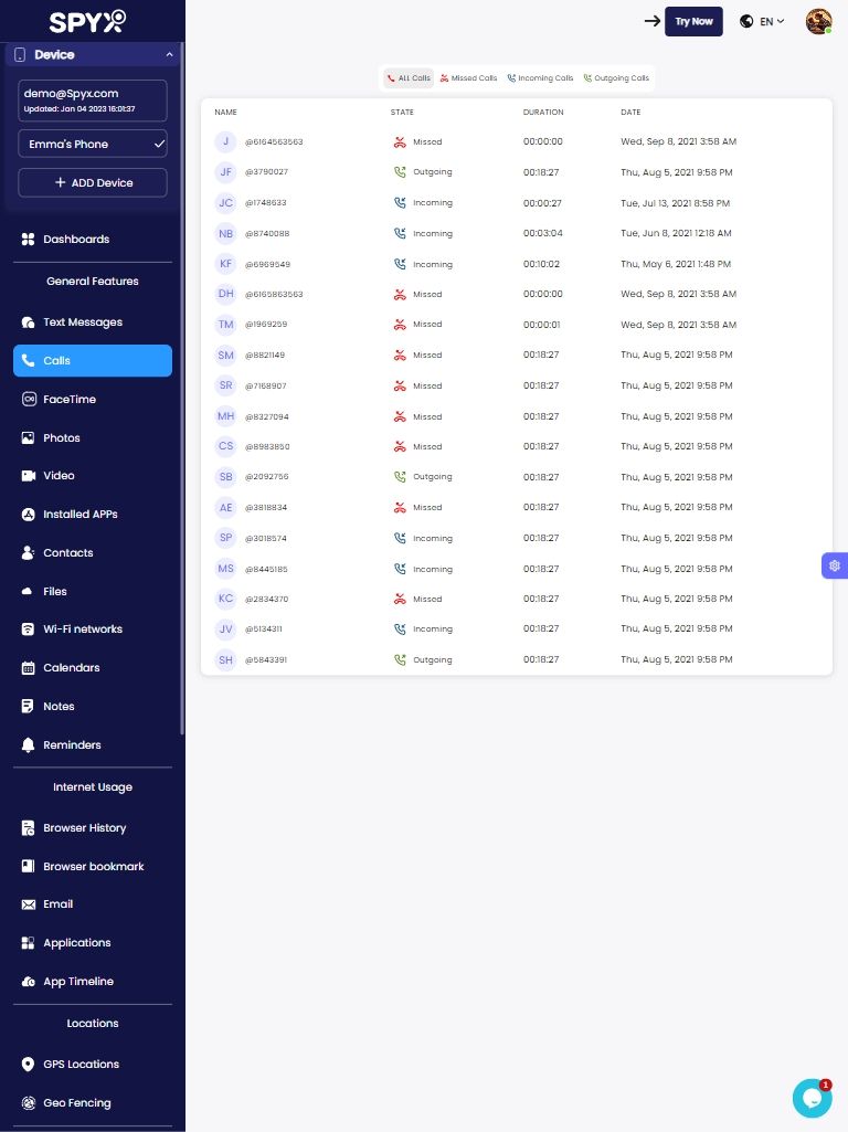 SpyX Calls demo page screenshot