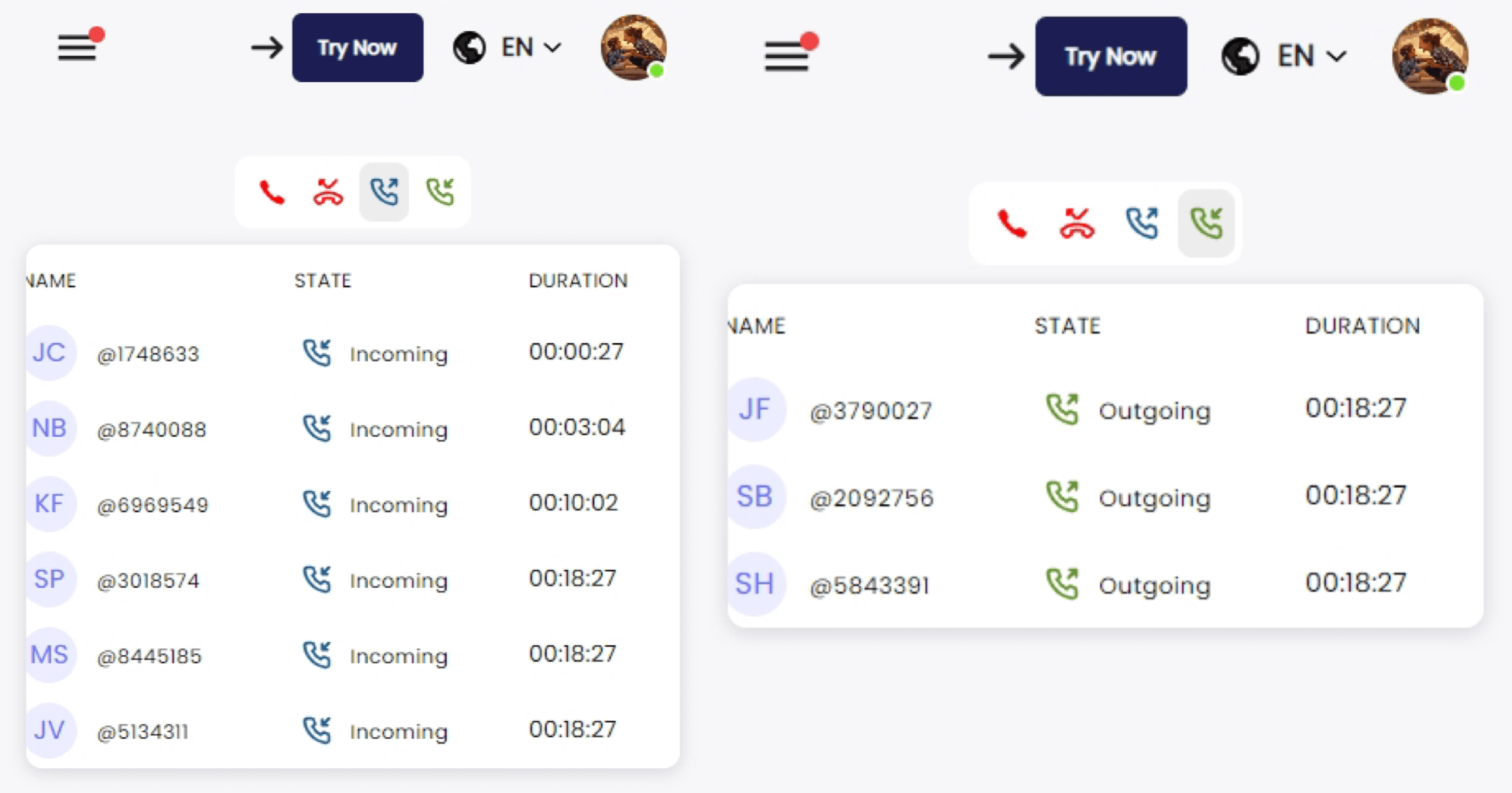 Screenshot of incoming and outgoing call history from a real users.