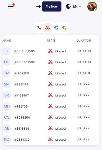 Screenshot of missed call history from a real users.