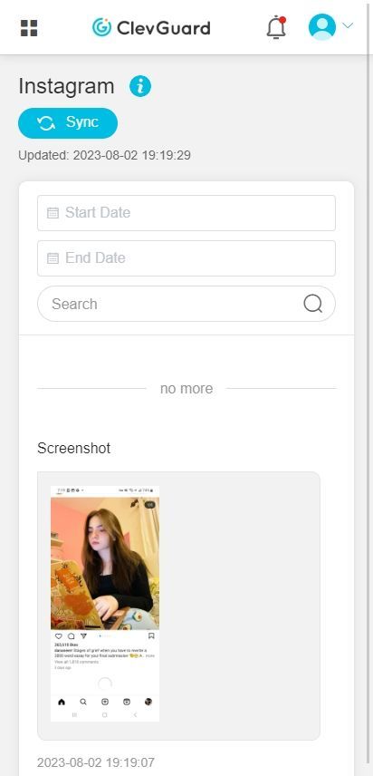 Screenshot of real user Instagram data monitored by Kidsguard Pro.