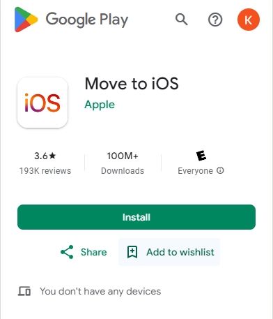 Screenshot of Move to iOS.