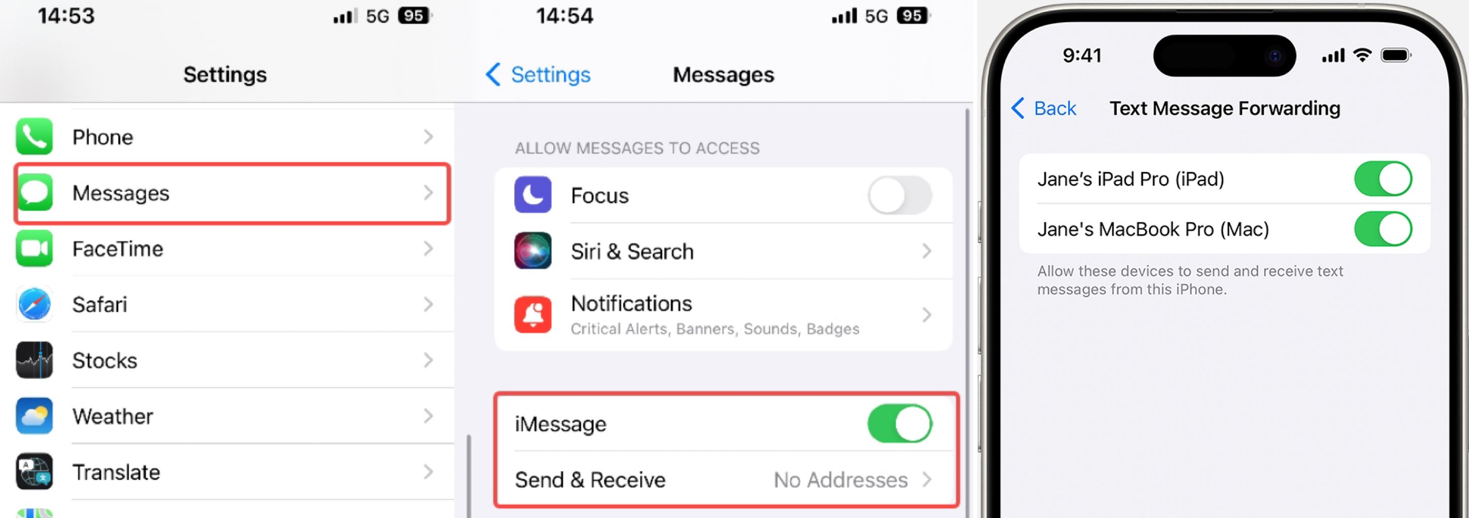 Steps of forwarding text messages secretly on an iPhone.