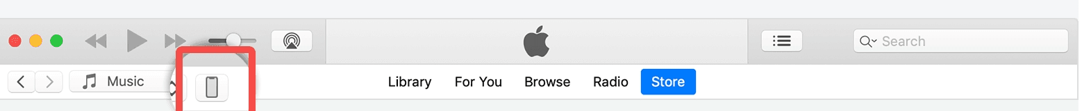 El icono del dispositivo en la esquina superior izquierda de la ventana de iTunes.