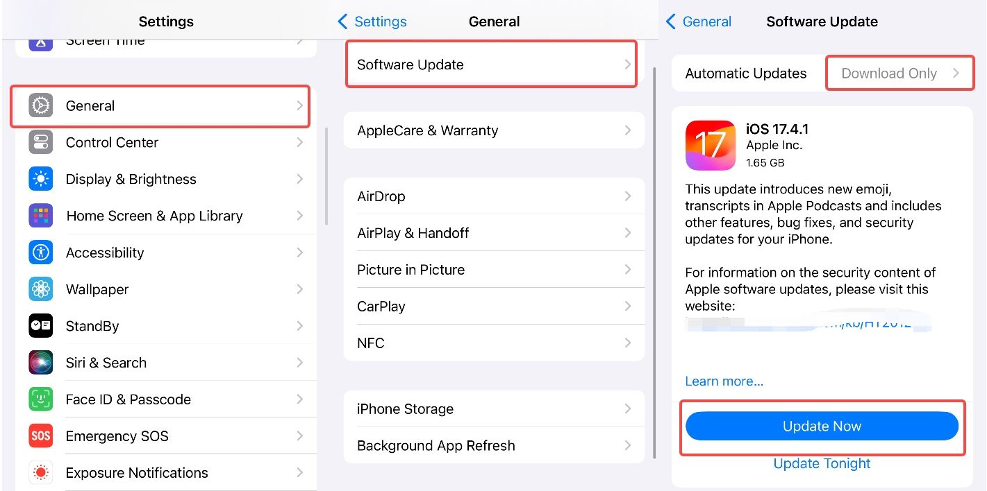 Steps of performing iOS update.