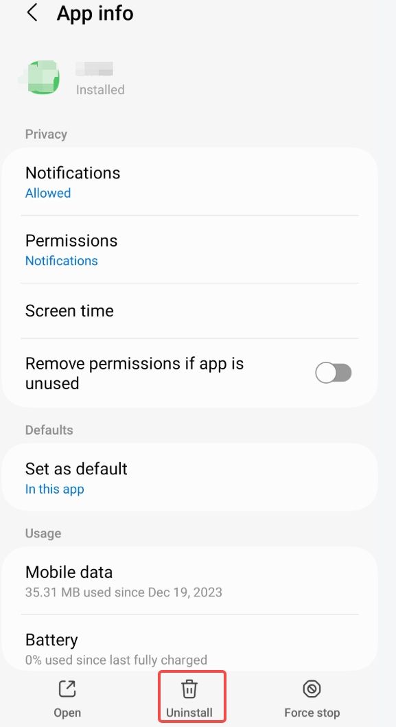 Uninstall an app on an Android.