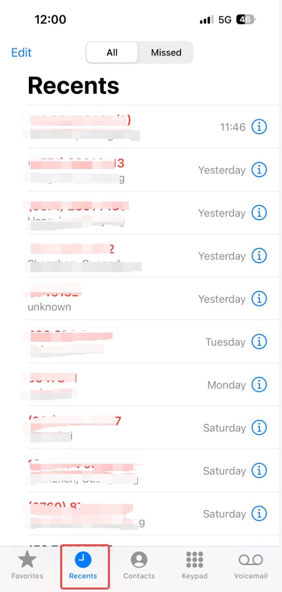 View call history on iPhone.