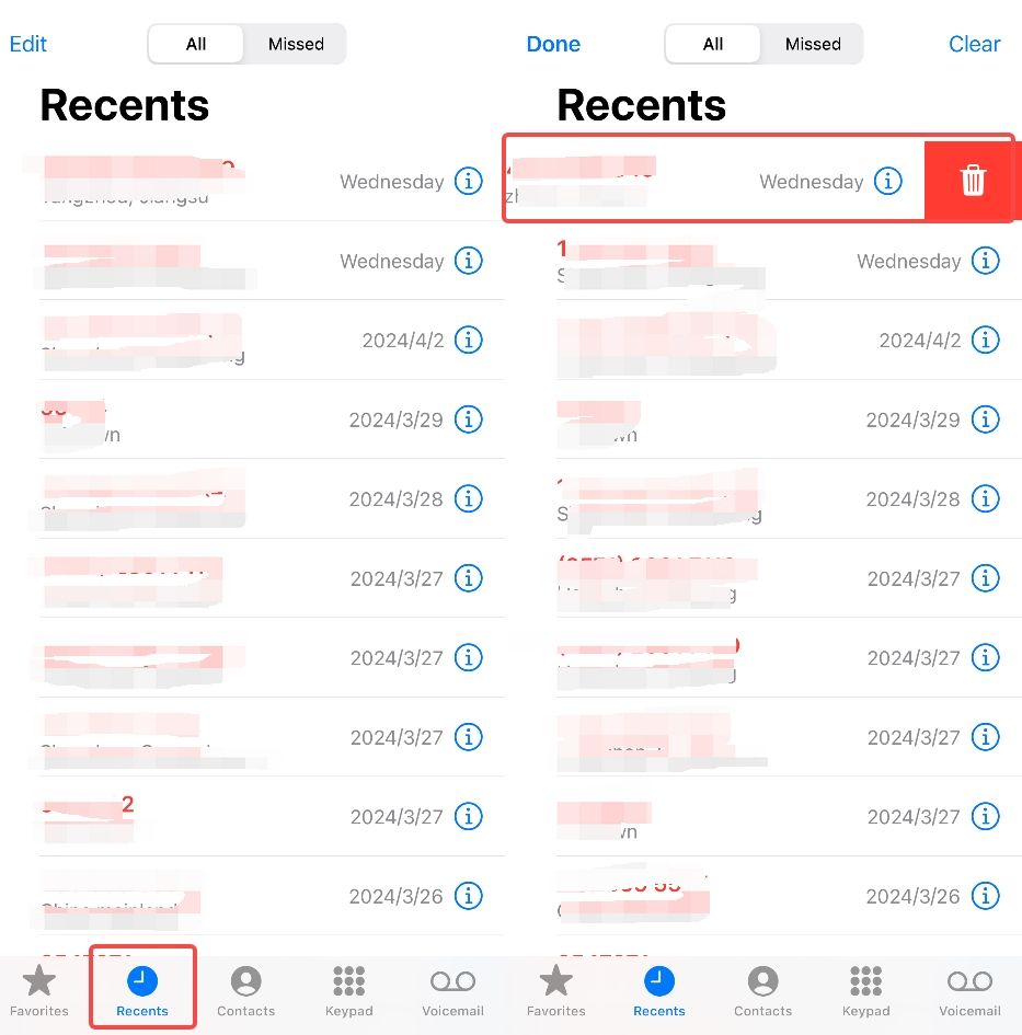 Steps of deleting call history on iPhone.