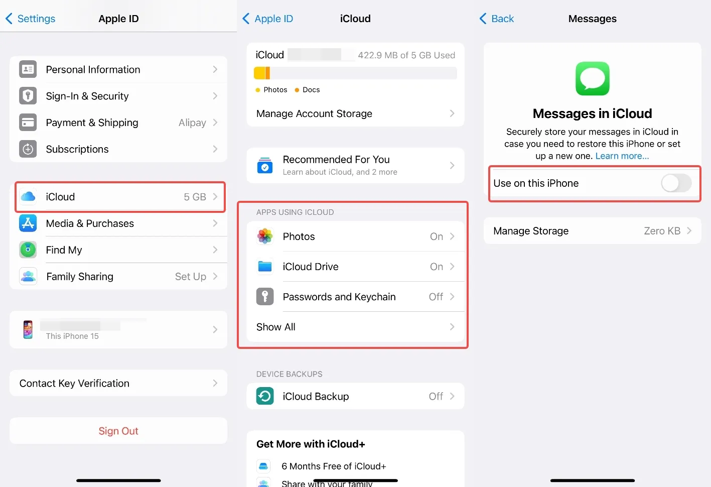 how to turn on the Messages backup on iPhone