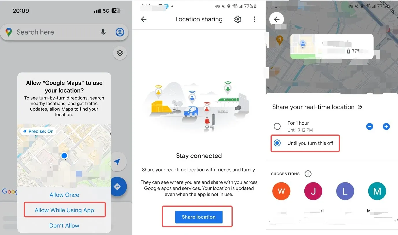 Steps to share location in Google Maps.