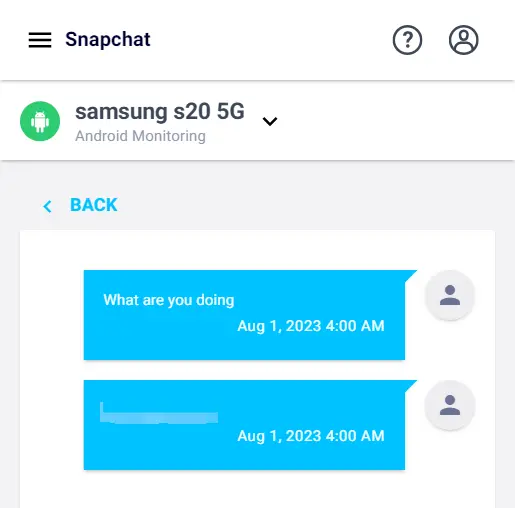 Capture d'écran de données réelles d'Eyezy surveillant Snapchat