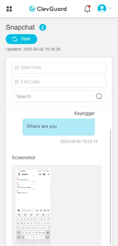 Capture d'écran de données réelles de KidsGuard Pro surveillant Snapchat