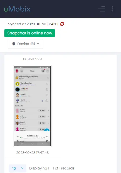 Capture d'écran de données réelles d'uMobix surveillant Snapchat