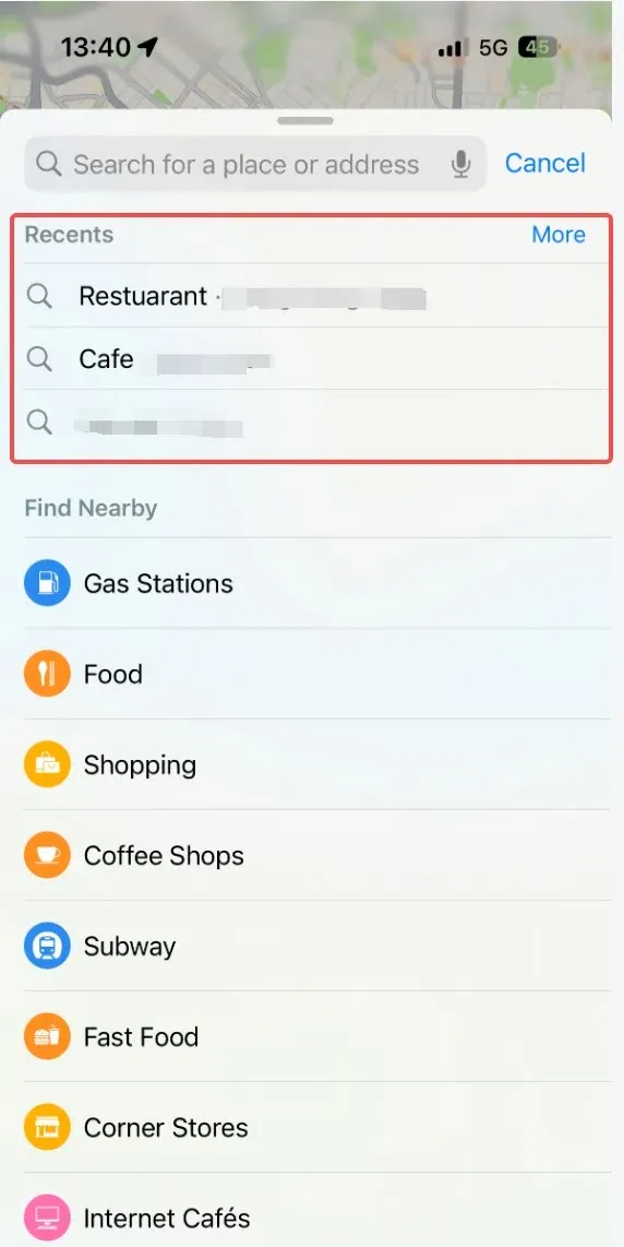Check search history in Apple Maps.
