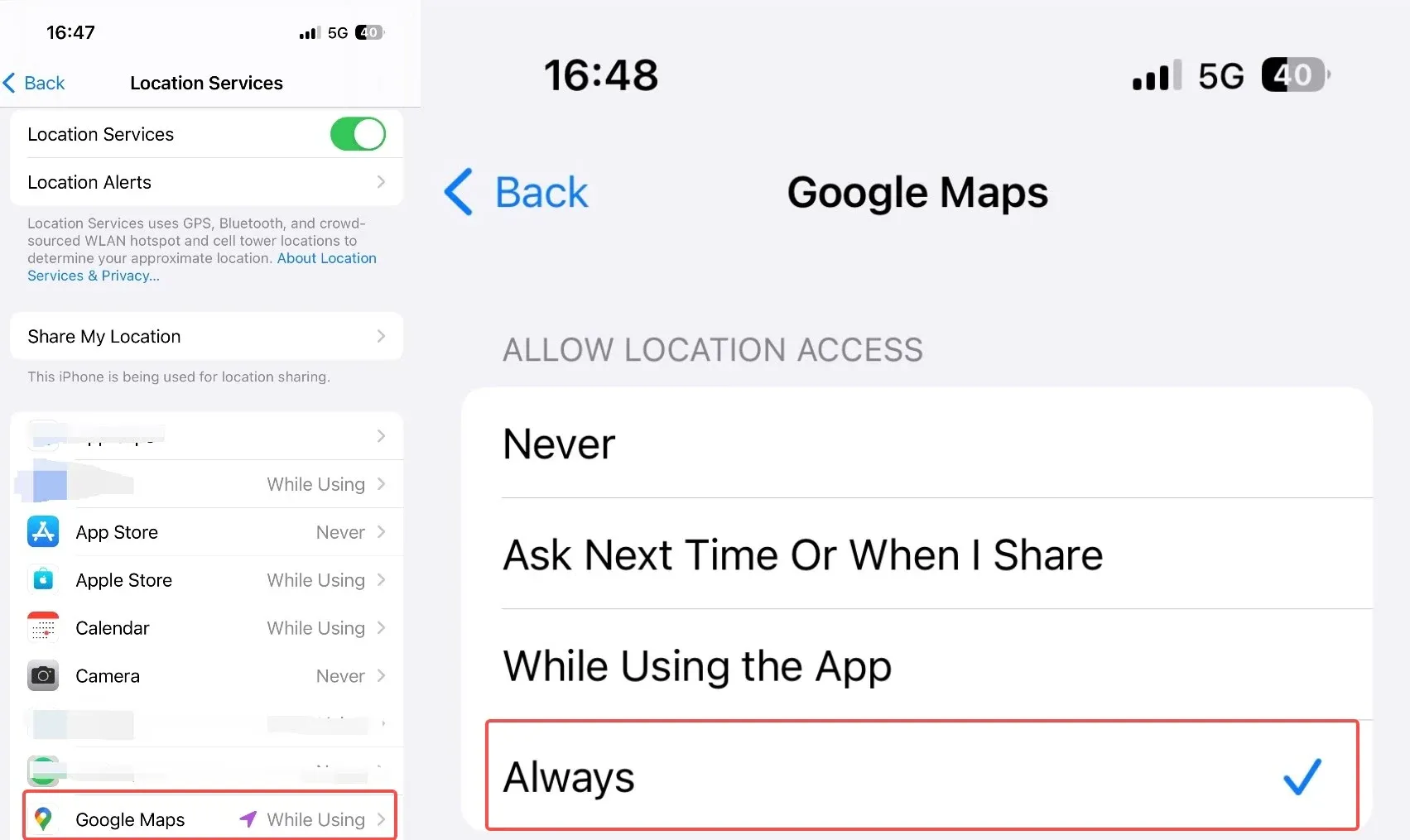 Steps to turn on Google Maps on iPhone.