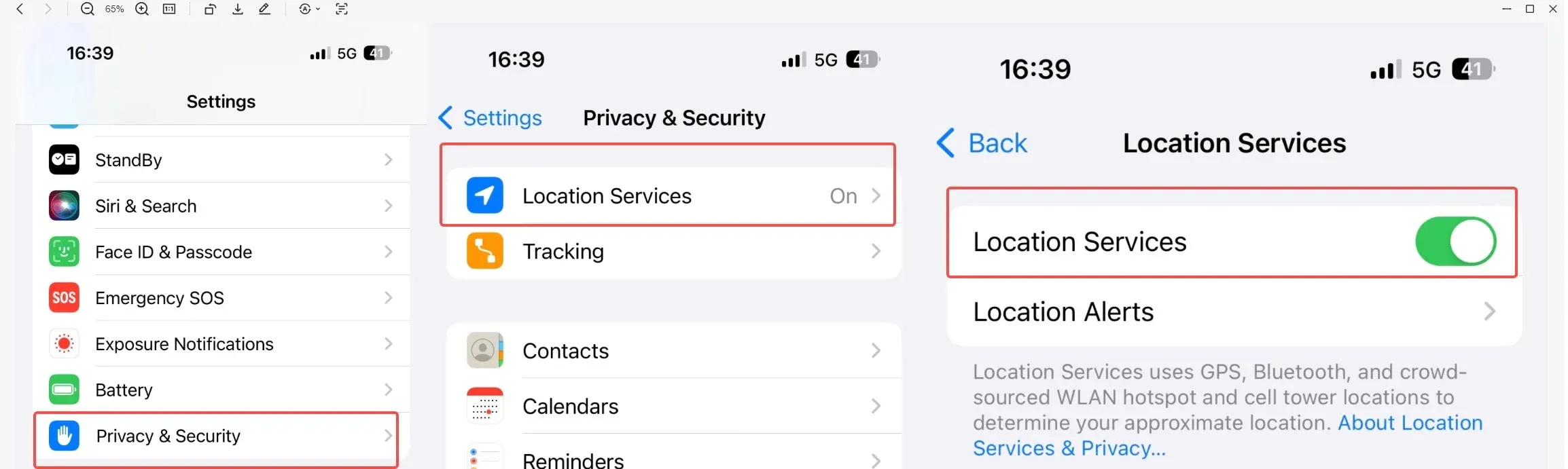 Steps to turn on location settings on iPhone.