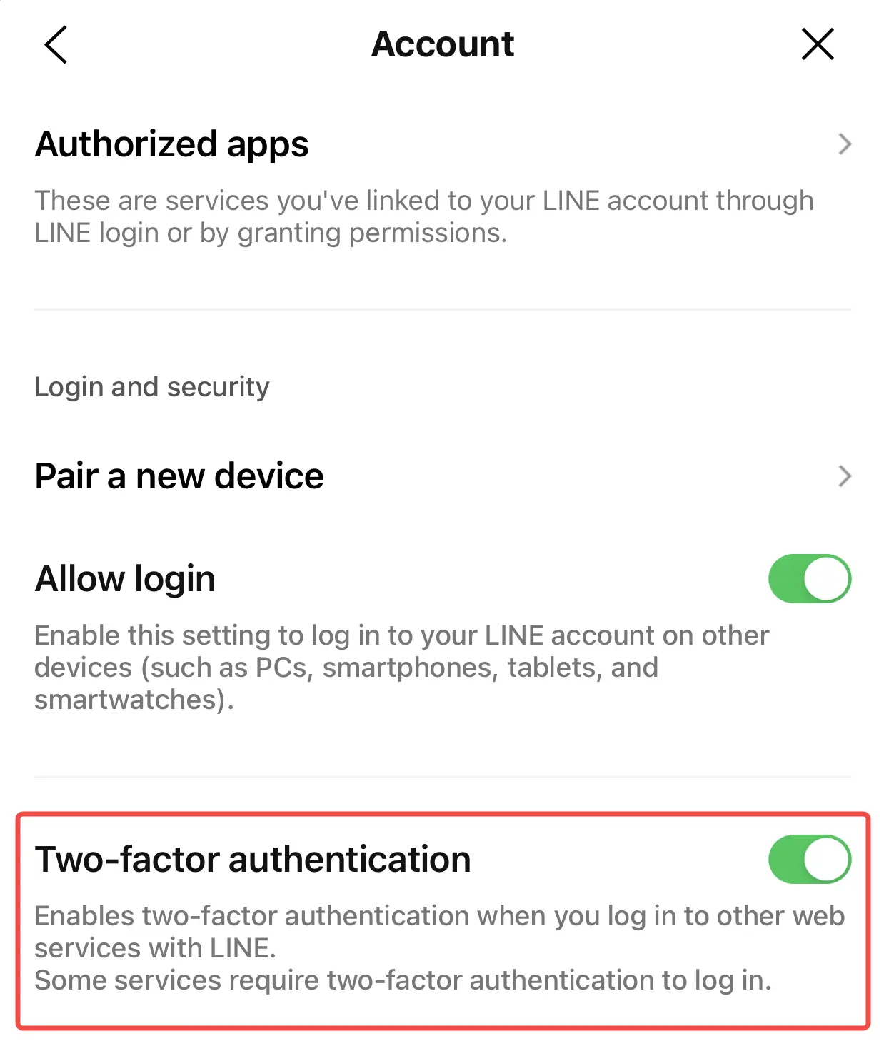 enable two-step verification to LINE account