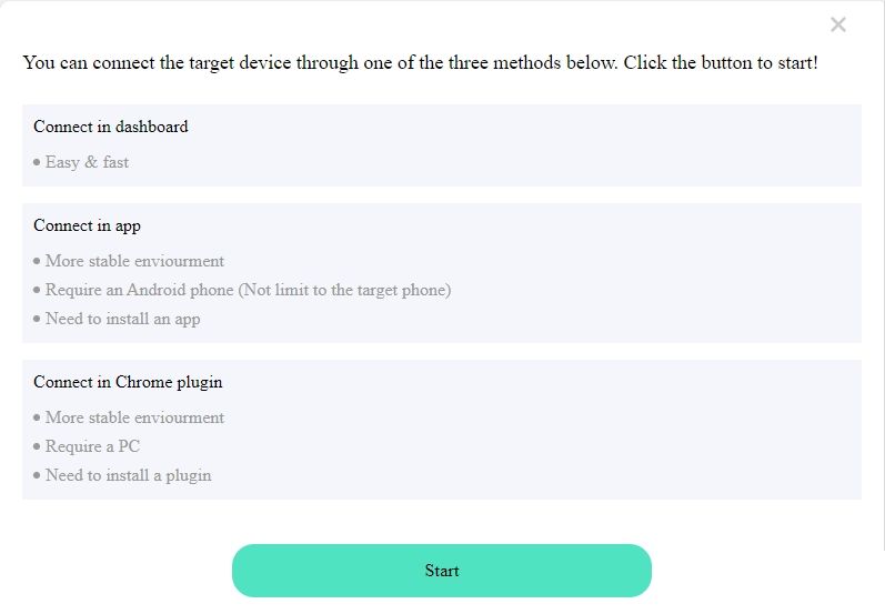 SpyX offers three connection methods.