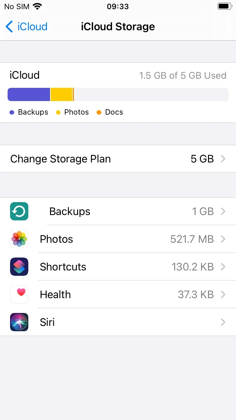 
iCloud Storage Backups in iPhone Settings