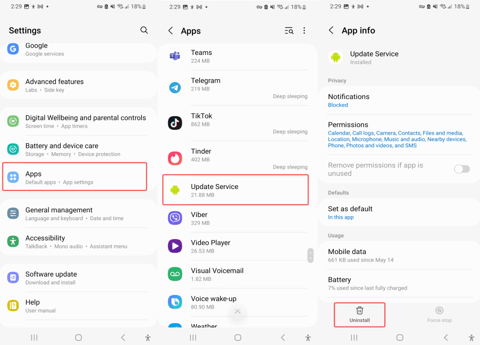 On the target device, go to Settings > Apps > Update Service > Uninstall