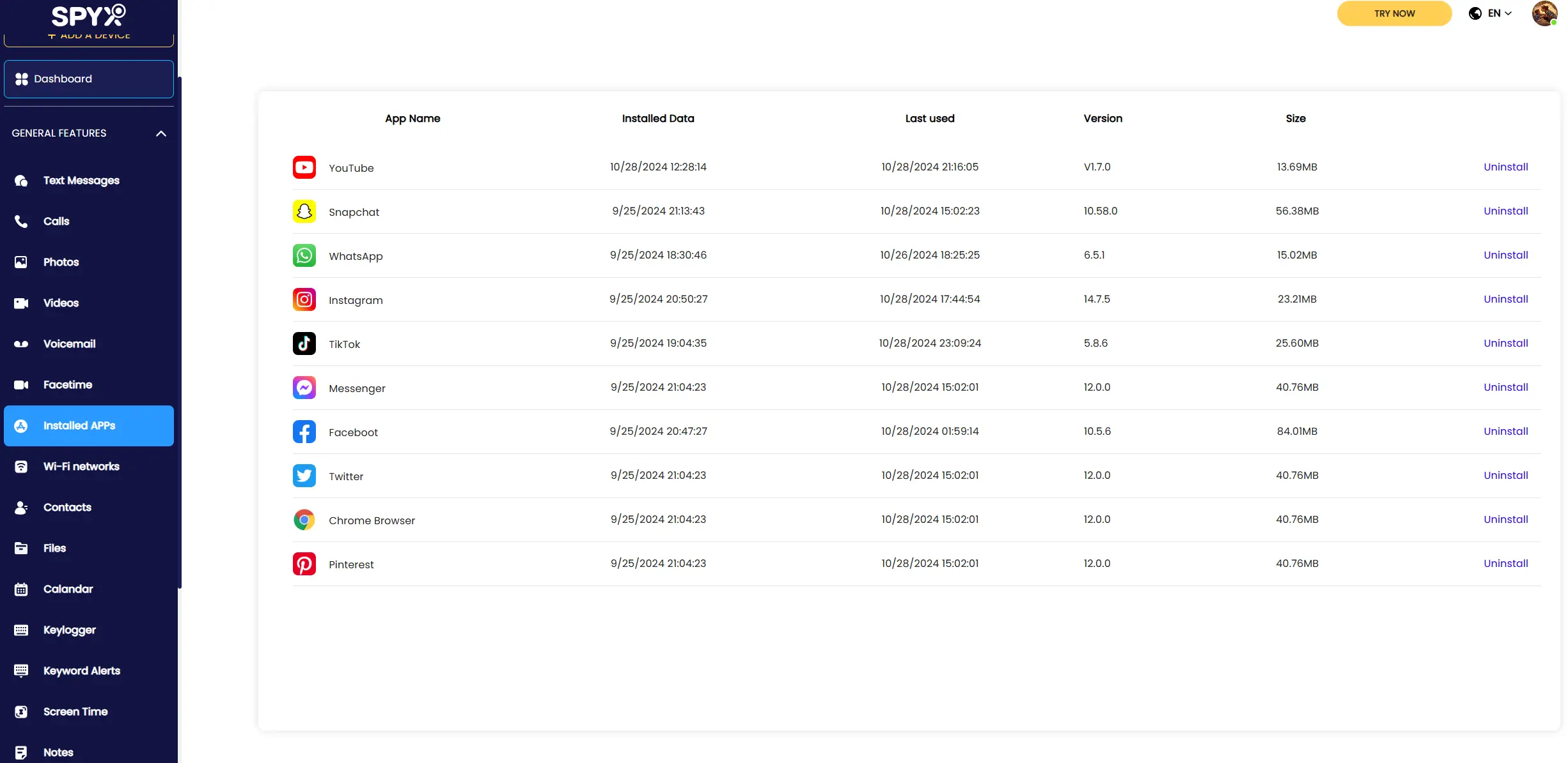 SpyX can see all installed apps even the hidden ones