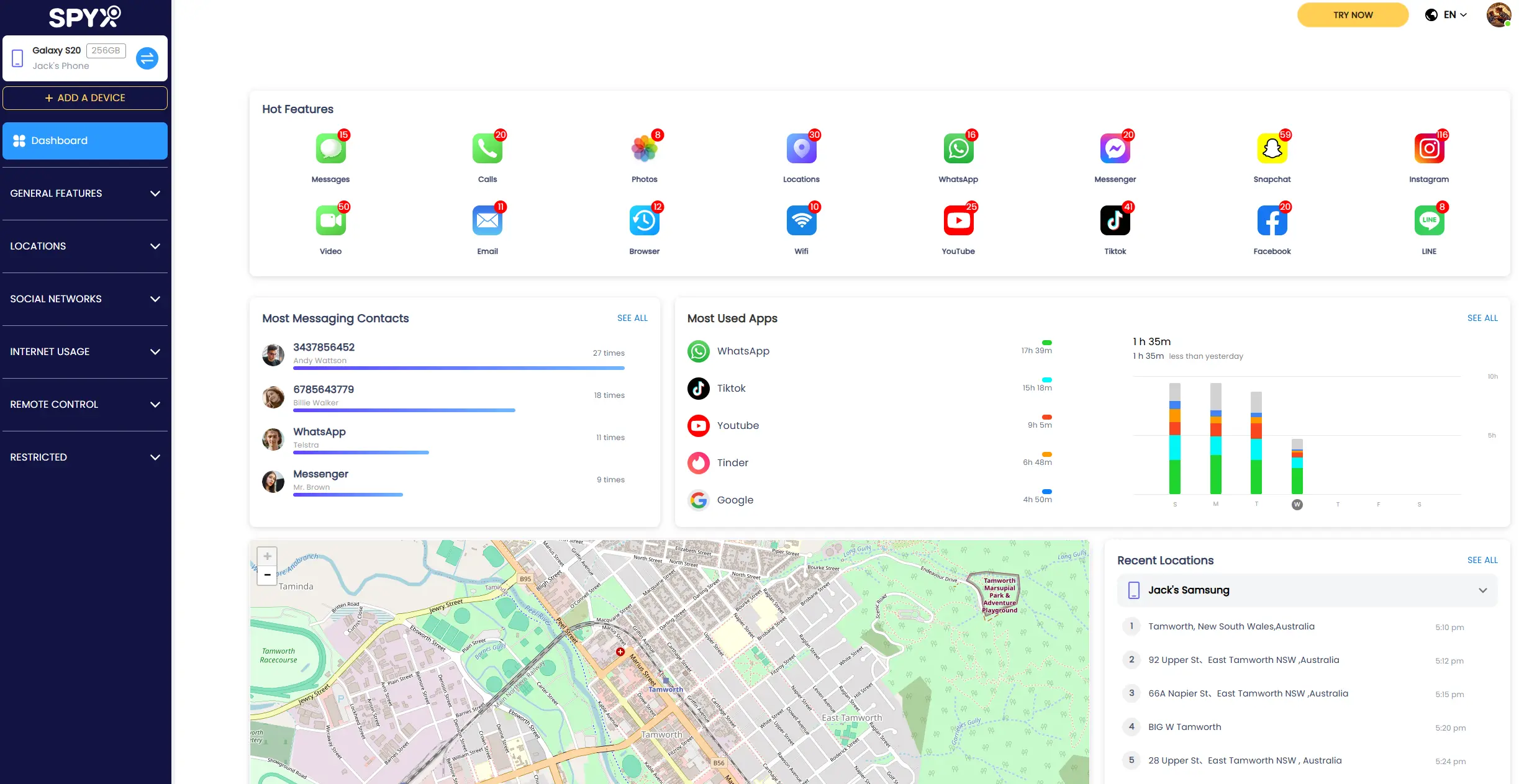 SpyX Dashbord Homepage Screenshot
